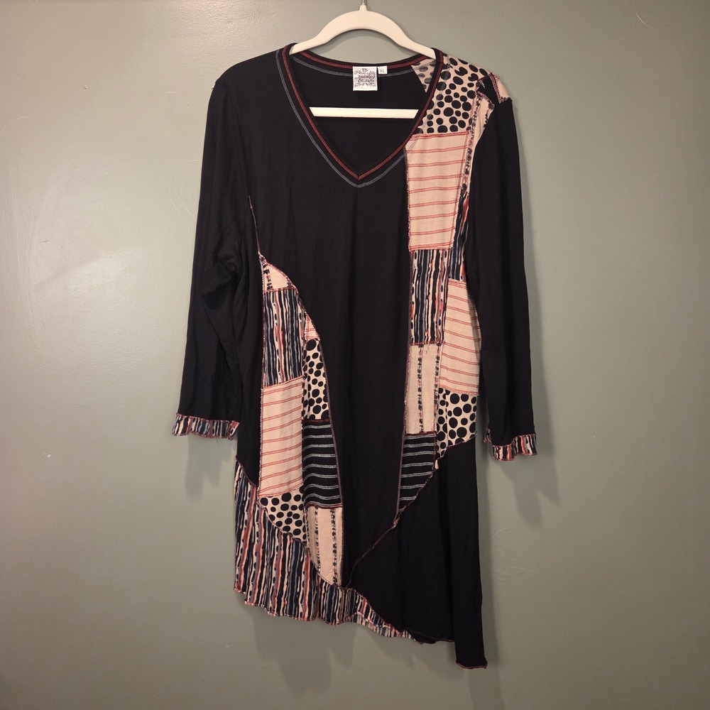 Parsley & Sage Women's XL Patchwork Asymmetrical Tunic Black Multi Lagenlook